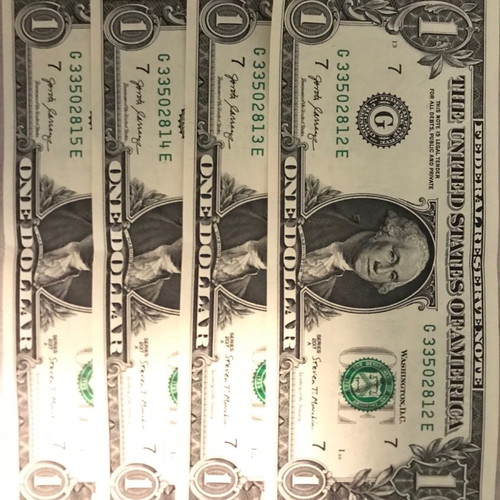Dollar bills mint uncirculated with consecutive numbers, set of 4