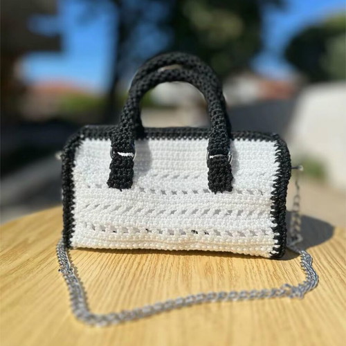 Handbag black and white handmade with silver details