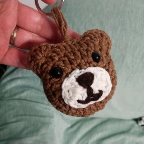 Handmade knitted teddy bear keychain new, white and brown