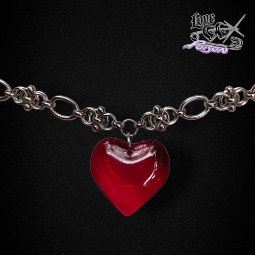 Love X Poison Handmade Stainless Steel Chainmail Choker Necklace with Red Glass Heart Pendant