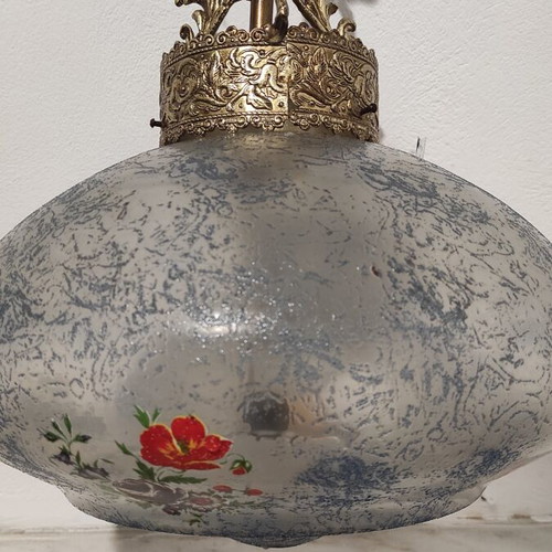 Vintage pendant light used, aluminum and painted opaline