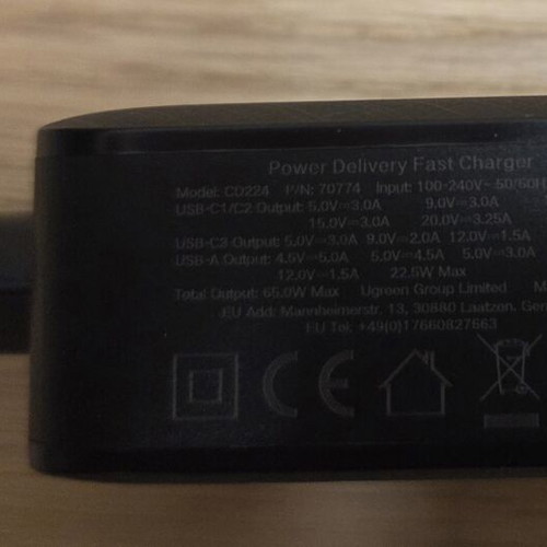 Ugreen CD224 Quick Charge 3.0 charger used, 3x USB-C & 1x USB-A 65W
