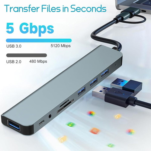 USB-C 8-in-1 Hub New Multifunctional Adapter with USB-A, SD/TF Reader, Audio Jack