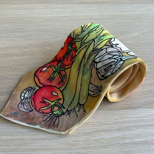 Handmade tie 100% pure silk with painted vegetable design