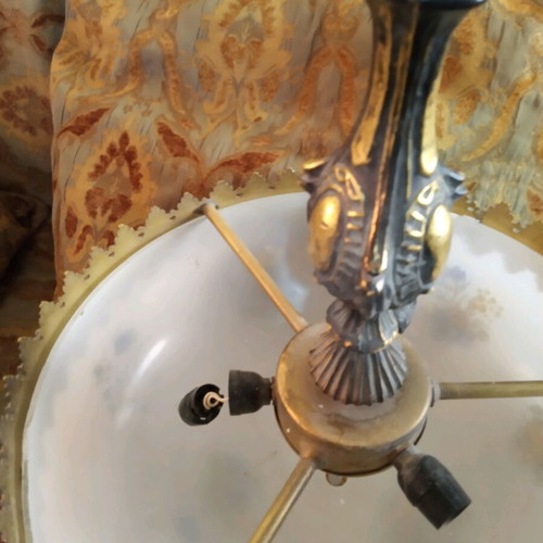 Opaline ceiling light used, three-light brass from 1960