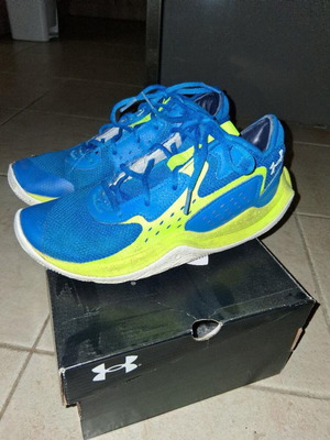Under Armour Steph Curry 3Zero Basketball Shoes used, electric blue and neon lime