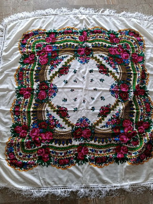 Traditional scarf handkerchief like new with flowers white