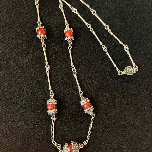 Silver necklace old with carnelian and intricate detail