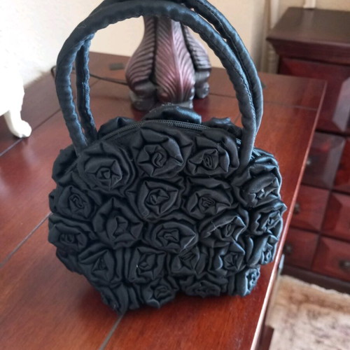 Satin black bag with flowers like new, handheld