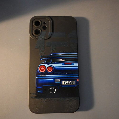 iPhone 11 case used with Nissan Skyline GT-R R34 graphic and Pro Camera protection
