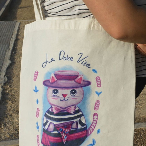 Italian Cat tote bag, polyester, shoulder strap, white