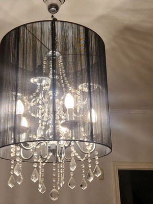 Chandelier 10-light with crystals and black organza, like new, large size