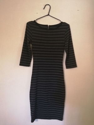 Midi dress black grey striped with 3/4 sleeve like new, cotton