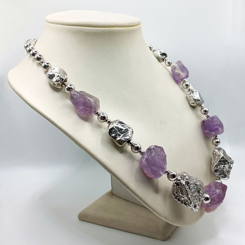 Silver 925 necklace new with amethyst minerals 59 cm, plated platinum