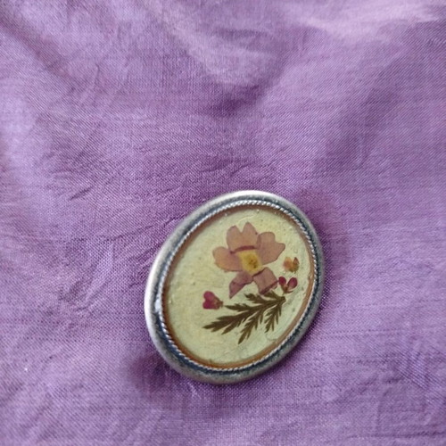 Vintage oval brooch with pressed dried flowers like new