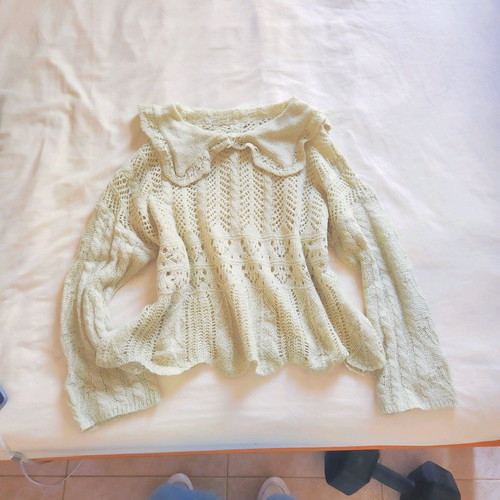 Pastel green sheer open knit oversized sweater with collar and scalloped hem new
