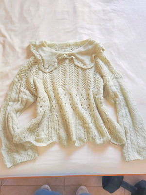 Pastel green sheer open knit oversized sweater with collar and scalloped hem new