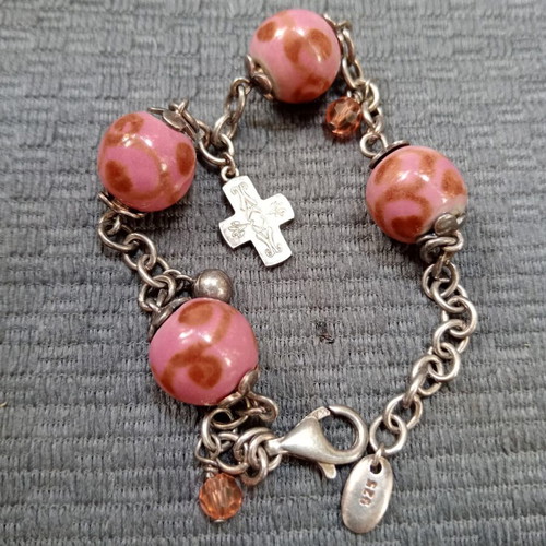 Esprit vintage 925 silver bracelet with glass beads and cross charm
