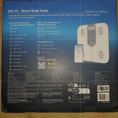 Renpho Elis 1C Smart Body Scale with Bluetooth and 13 Measurements, White