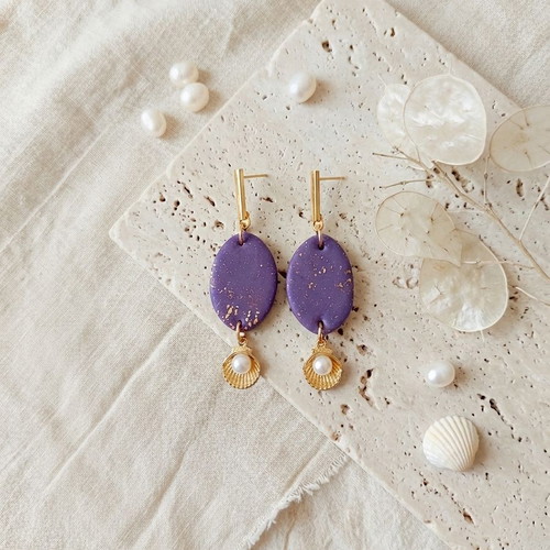 Polymer Clay Earrings with Gold Leaf, like new, purple and gold