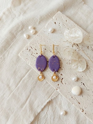 Polymer Clay Earrings with Gold Leaf, like new, purple and gold