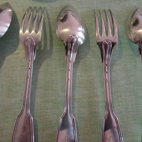 Christofle silver-plated Chinon cutlery set 5+1 used with monograms