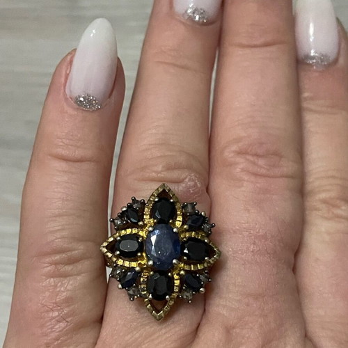 Gold ring 9k and silver 925 with sapphires and diamonds vintage used