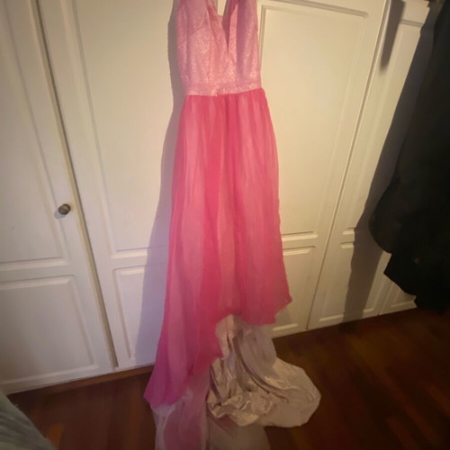 Evening dress used, very long pink and white with train, size S