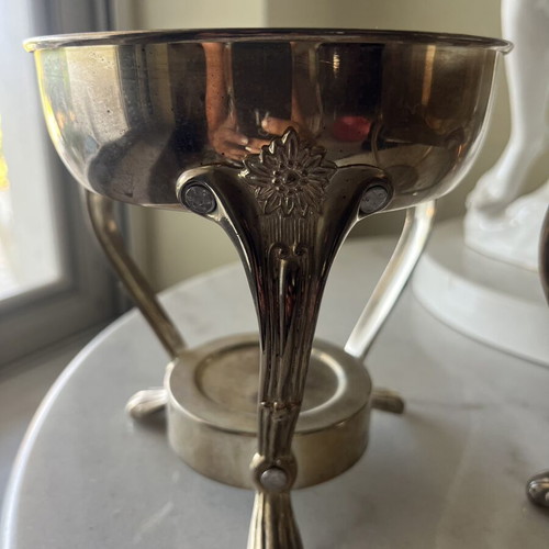 Vintage metal food warmer set with decorative legs and handles