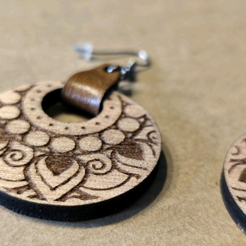 Wooden Mandala earrings with leather detail new