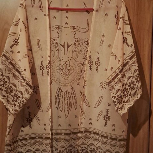 Transparent kimono with wide sleeves and velour leggings like new, beige and brown