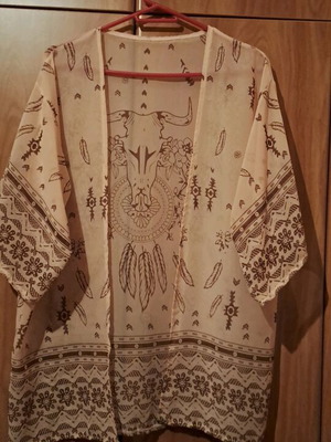 Transparent kimono with wide sleeves and velour leggings like new, beige and brown