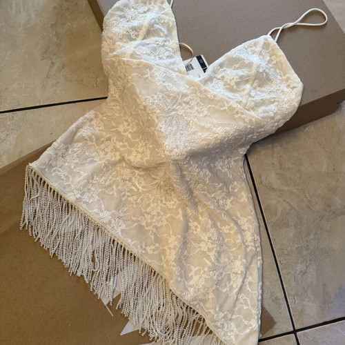 Zara asymmetric beaded lace top and fringe lace skirt set, new, ecru
