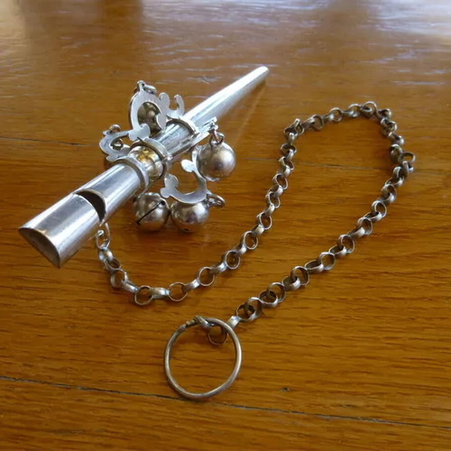 17th Century Dutch Antique Silver Baby Rattle Whistle used