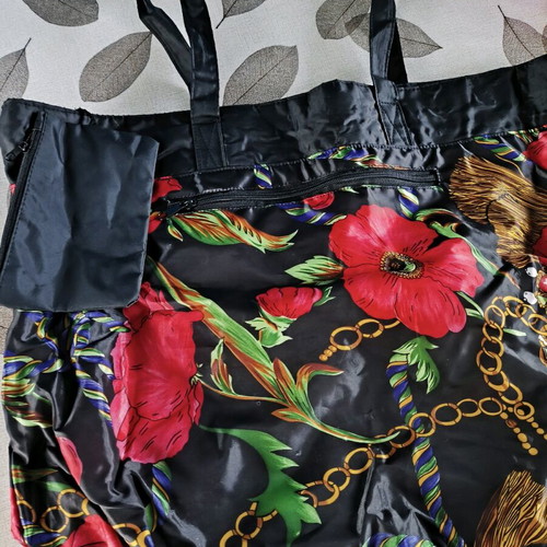 Women's large shoulder bag used, black with flowers