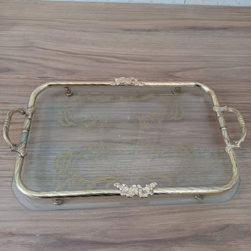 Glass tray with metal base vintage like new
