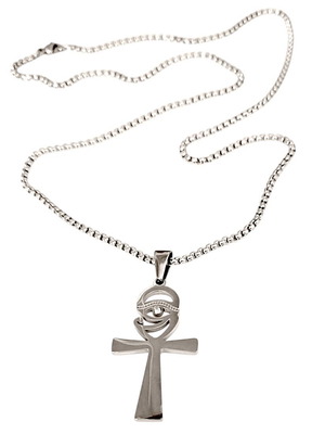 Long necklace double amulet Ankh cross and Eye of Horus new silver