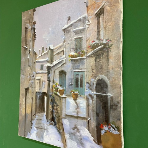 Artwork on canvas with snowy landscape