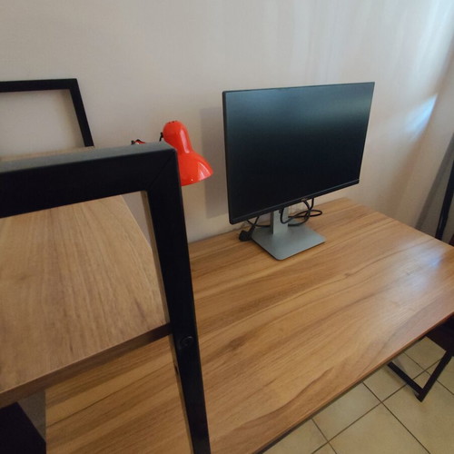 Desk with integrated shelf, wood and metal