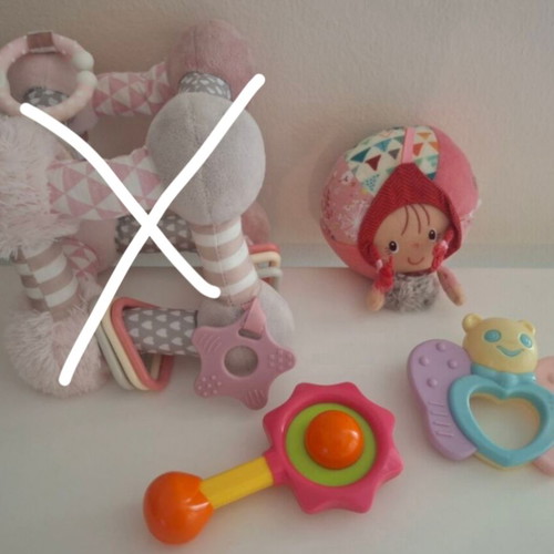 Baby toys for girls like new, set with rattle, teether, soft ball