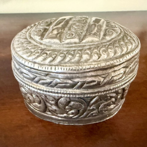 Vintage silver decorative box used, embossed metal jewelry case