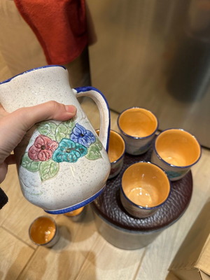 Vintage Ceramic Set Pitcher and 6 Glasses Like New with Embossed Floral Design
