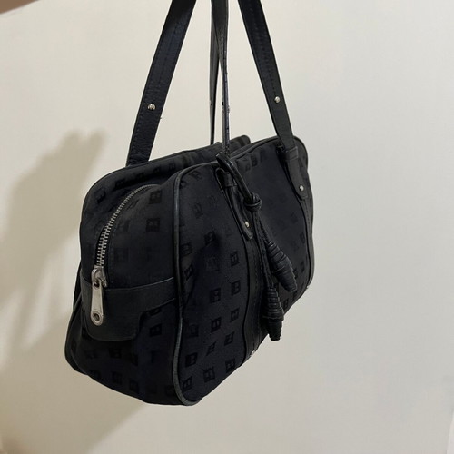 Bally Vintage Monogram Jacquard Bowling Bag used, black leather details