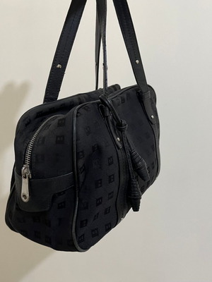 Bally vintage Monogram Jacquard bowling bag μεταχειρισμένη, μαύρες δερμάτινες λεπτομέρειες