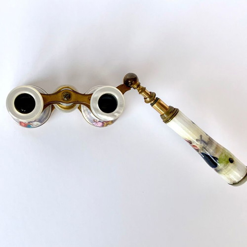 Porcelain brass mother of pearl opera glasses used antique French c.1850-1900