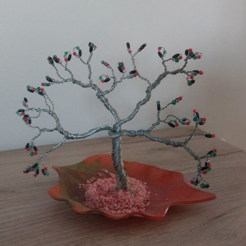 Decorative tree with wire and beads on orange leaf base new
