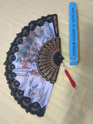 Chinese fan 24 cm lace fabric and plastic like new