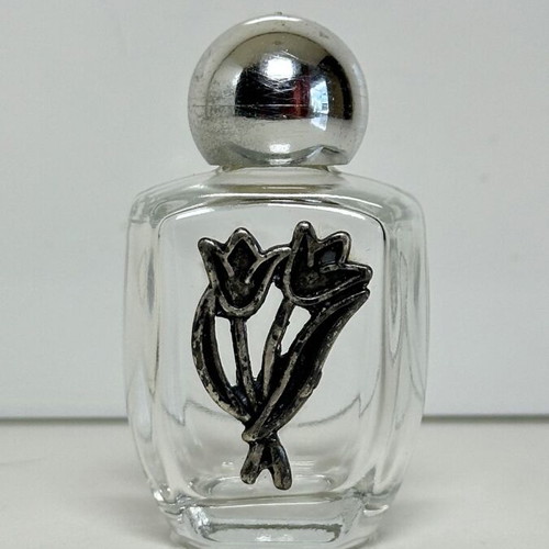 Vintage glass perfume bottle with metal tulip decoration