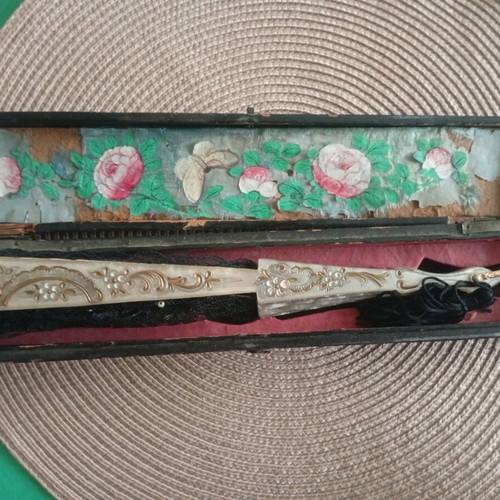 Antique Chinese Fan Case 19th Century Canton Export & Authentic Vintage Spanish Fan