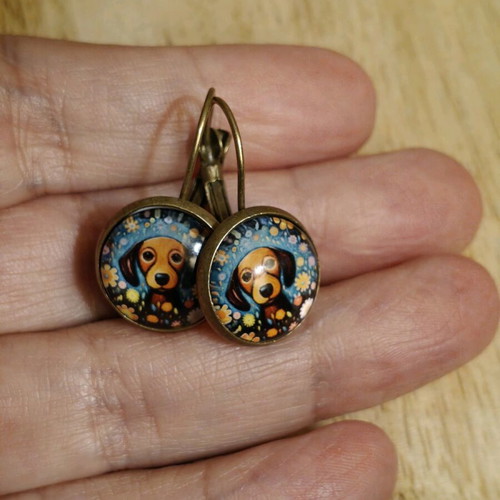 Dog 14mm dangle earrings new, multicolor